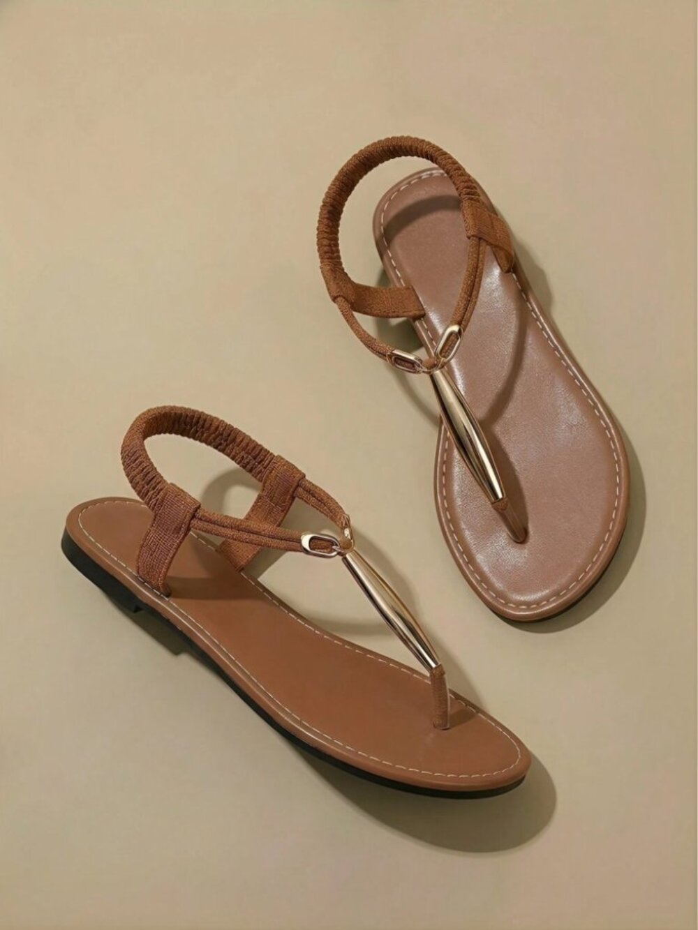Cognac Brown T-Strap Flat Sandals with Gold Toe Bar